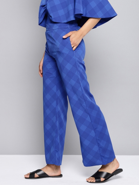 

NUSH Women Blue Relaxed Loose Fit Checked Parallel Trousers
