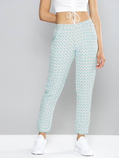 

NUSH Women White & Blue Relaxed Loose Fit Printed Trousers