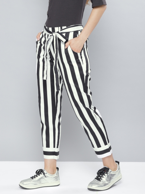 

NUSH Women Black & White Relaxed Loose Fit Striped Regular Trousers