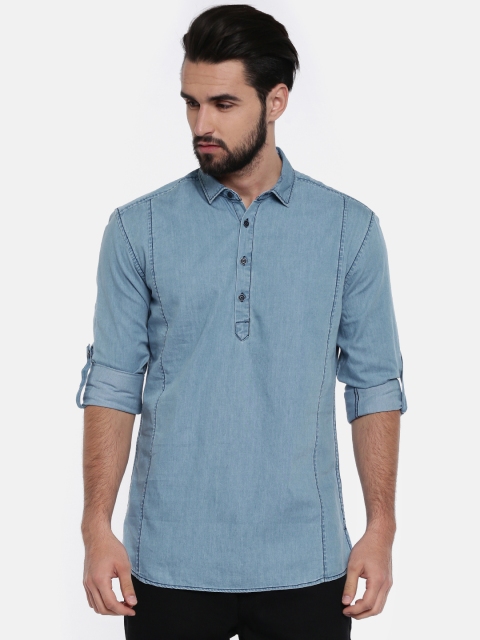 

Nature Casuals Men Blue Solid Denim Short Kurta
