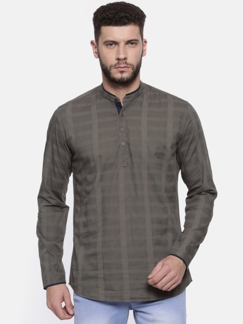 

British Club Men Taupe Checked Slim Fit Kurta