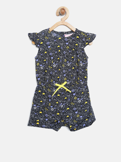 

Nauti Nati Girls Navy Blue & Yellow Printed Playsuit