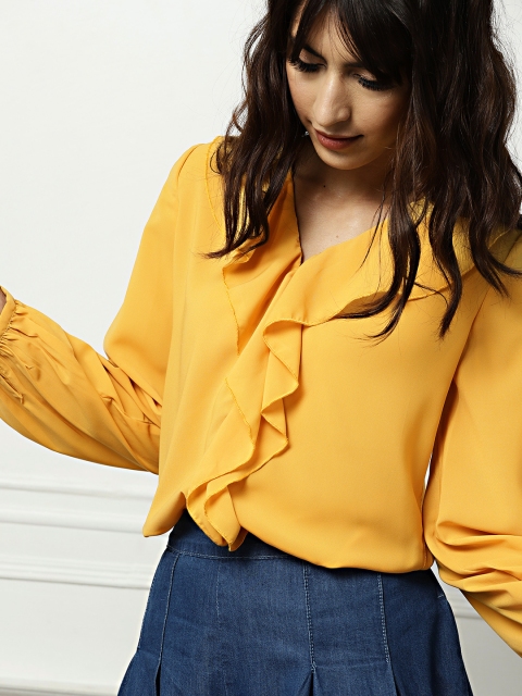

all about you Women Mustard Solid Shirt Style Top with Ruffles