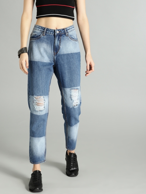 

Roadster Women Blue Colourblocked Boyfriend Fit High-Rise Mildly Distressed Jeans