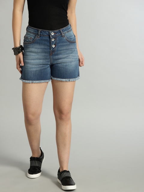 

Roadster Women Navy Blue Solid Denim Shorts