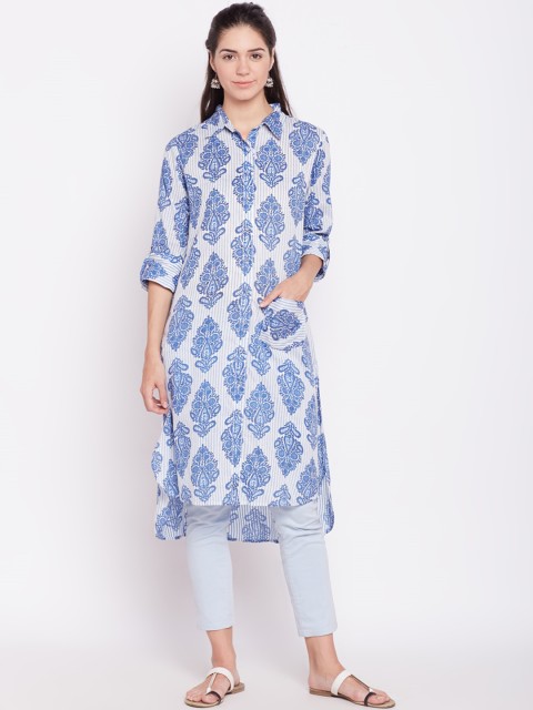 

RARE ROOTS Women White and Blue Printed Straight Kurta