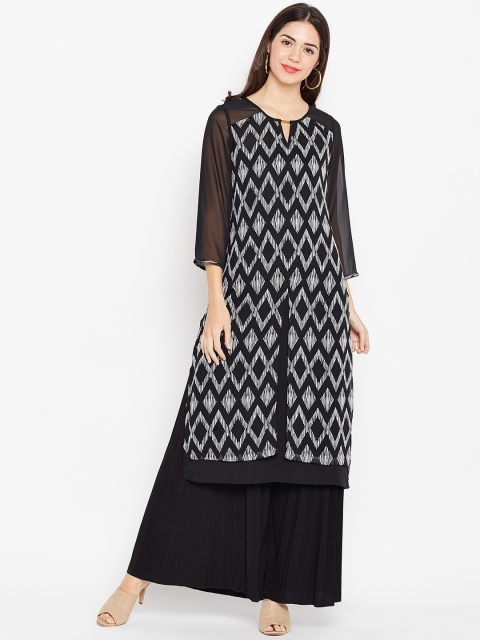 

RARE ROOTS Women Black & Off-White Printed Straight Kurta