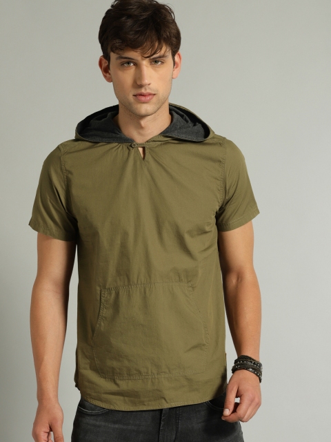 

Roadster Men Olive Green Solid Hood T-shirt