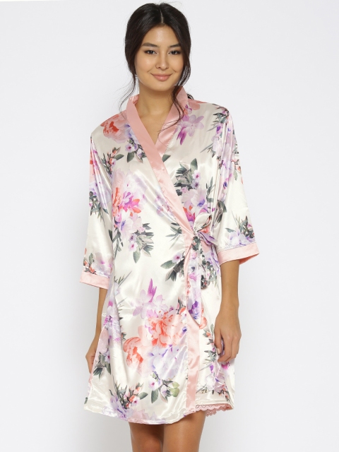 

Sweet Dreams Peach-Coloured Solid Nightdress with Printed Robe