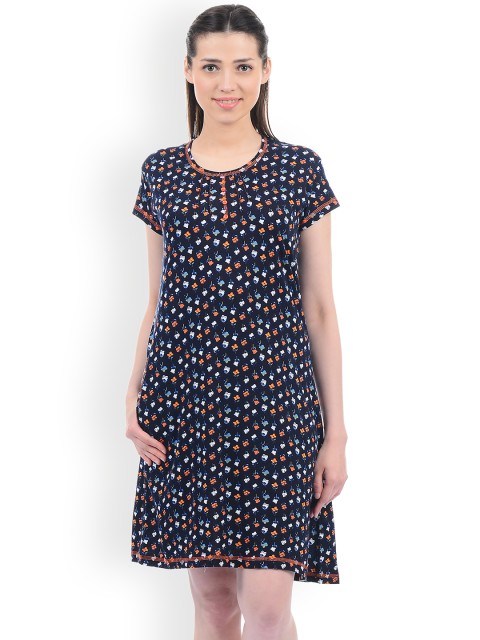 

Sweet Dreams Navy Blue & Orange Printed Nightdress NG-1717