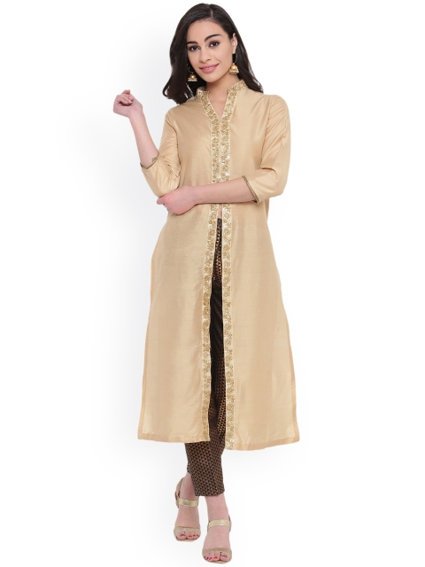 

studio rasa Women Beige & Black Embroidered Kurta with Trousers