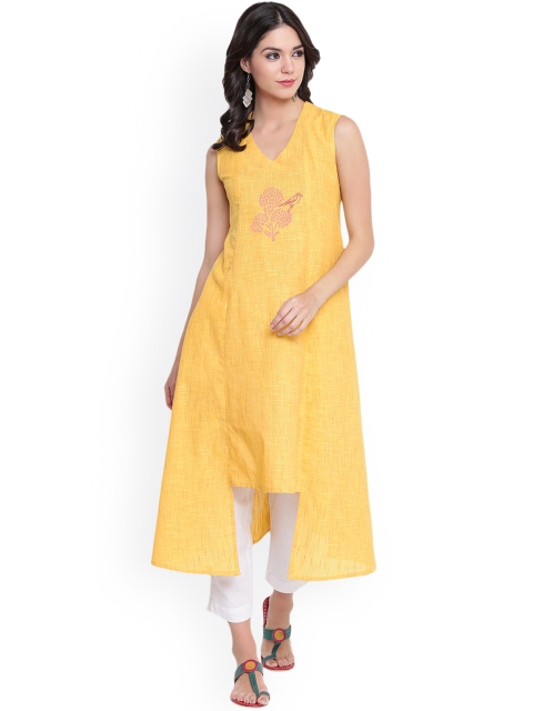

9rasa Women Yellow Hand Block Print High-Low Kurta