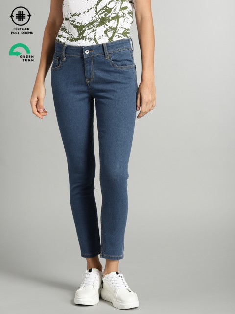 

Roadster GreenTurn Women Blue Skinny Mid-Rise Cropped Recycled Poly Sustainable Jeans