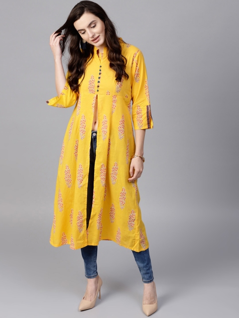 

Pannkh Women Yellow Printed High Slit A-Line Kurta