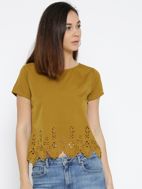 

U&F Women Mustard Brown Solid Top with Laser Cuts