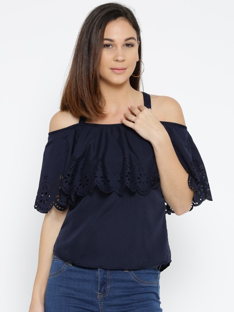 

U&F Women Navy Styled Back Top with Laser Cut Detail, Navy blue