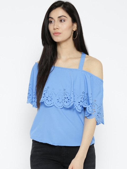 

U&F Women Blue Solid Bardot Top