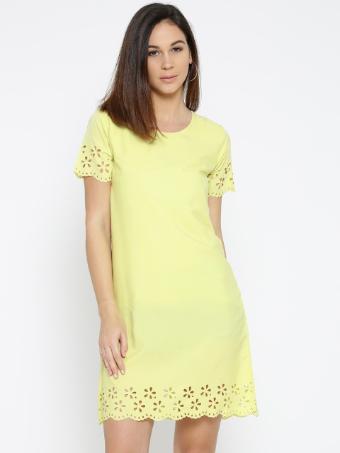 

U&F Women Lime Green Solid A-Line Dress with Laser Cuts