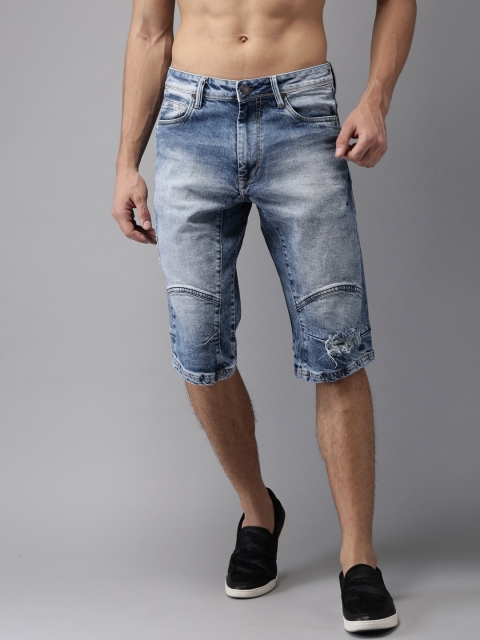 

HERE&NOW Men Blue Washed Distressed Denim Shorts