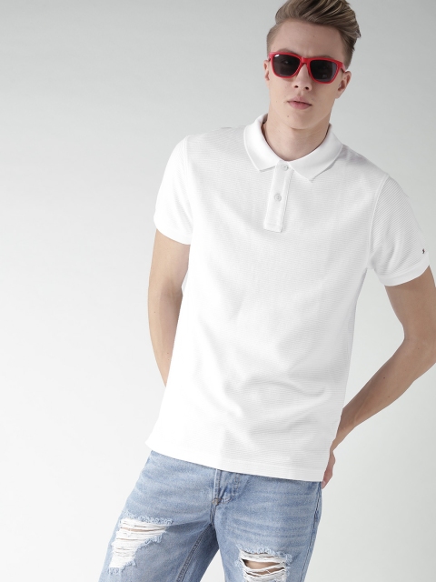 

Tommy Hilfiger Men White Self-Striped Polo Collar T-shirt