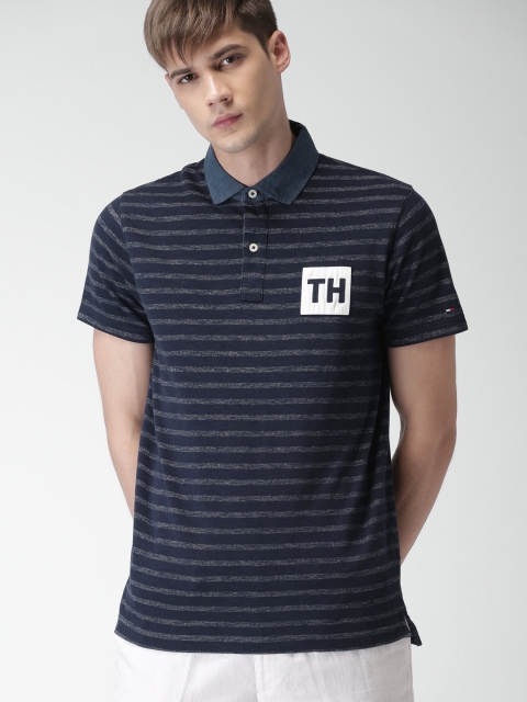 

Tommy Hilfiger Men Navy Striped Polo Collar T-shirt, Navy blue