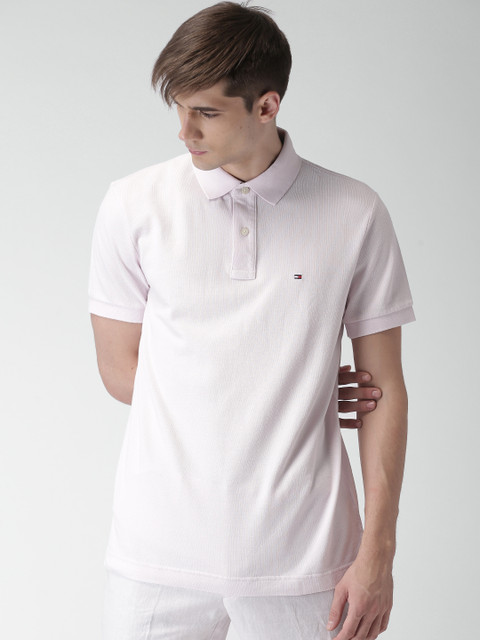 

Tommy Hilfiger Men Peach-Coloured Striped Polo T-shirt