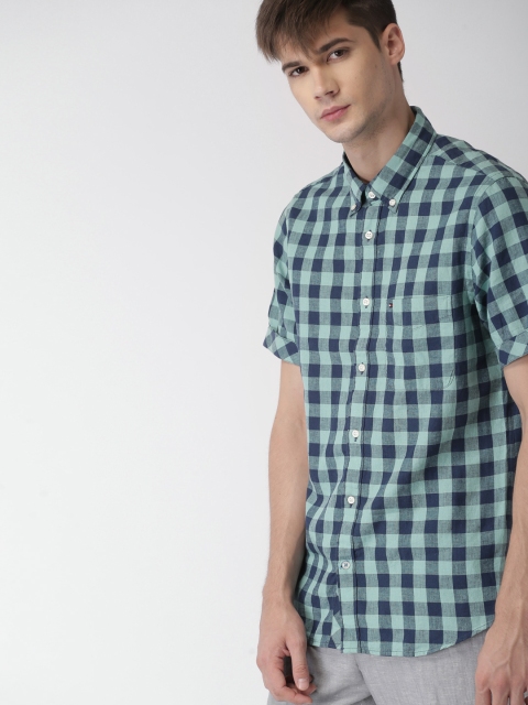 

Tommy Hilfiger Men Green & Navy Blue Slim Fit Checked Casual Shirt