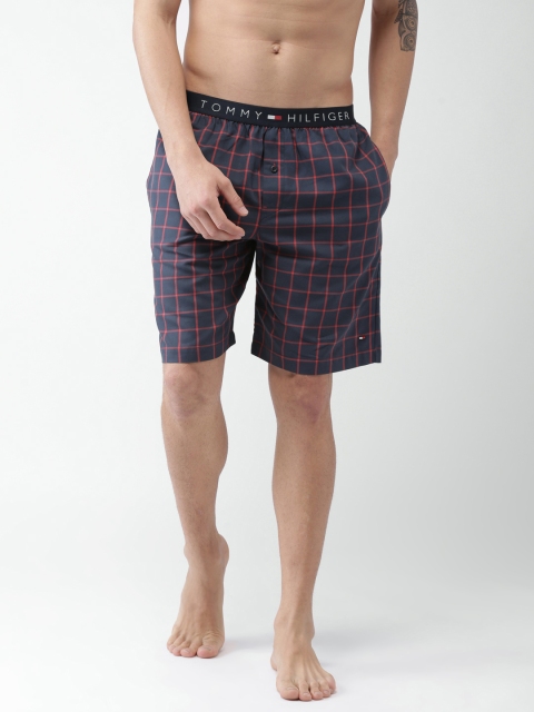 

Tommy Hilfiger Men Navy Blue & Red Checked Lounge Shorts