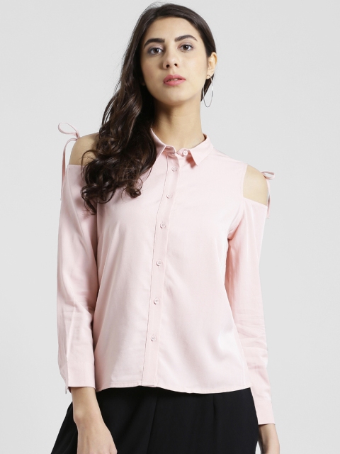 

Zink London Women Pink Solid Cold Shoulder Shirt Style Top