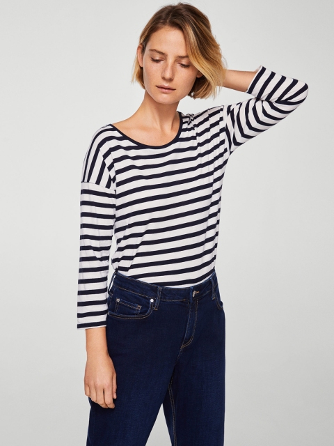 

MANGO Women Navy Blue & White Striped Round Neck T-shirt