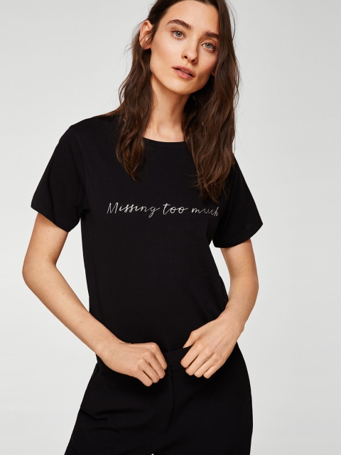 

MANGO Women Black Solid Round Neck T-shirt