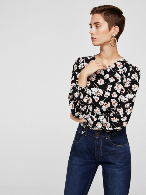 

MANGO Women Black Floral Print Top