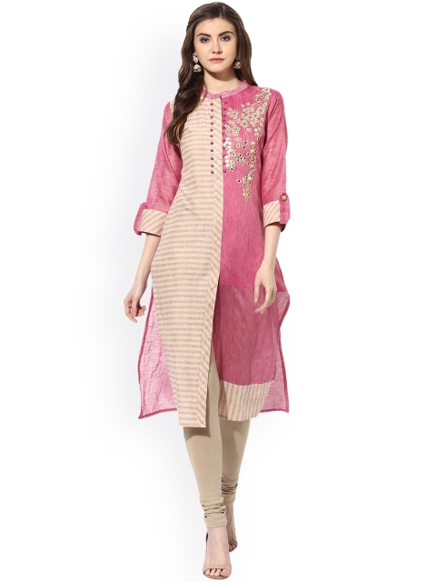 

Mytri Women Pink & Beige Embellished Straight Kurta