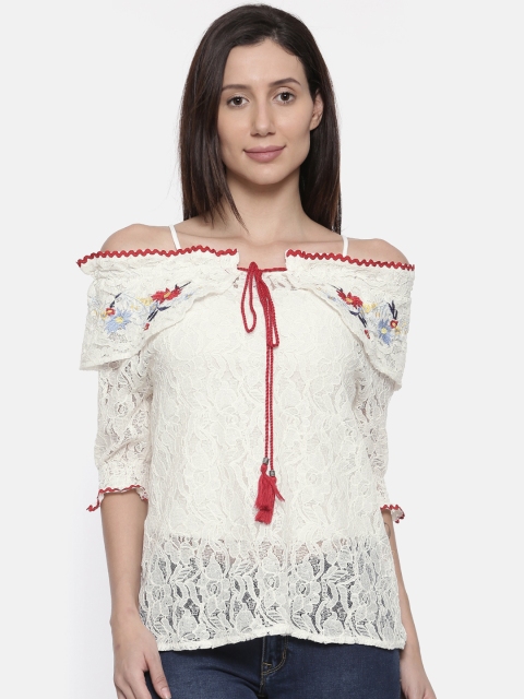 

Lee Cooper Women Off-White Self Design Bardot Top