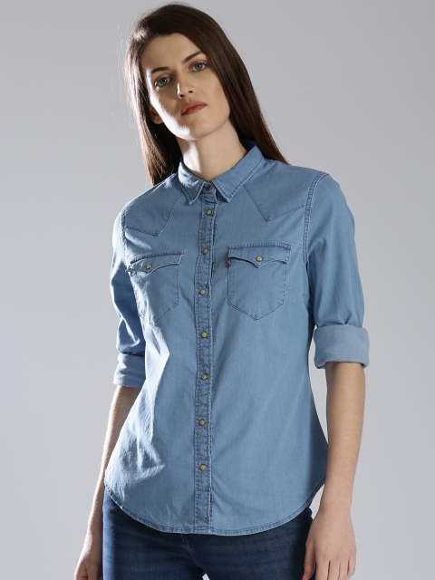 

Levis Women Blue Tailored Fit Solid Denim Shirt