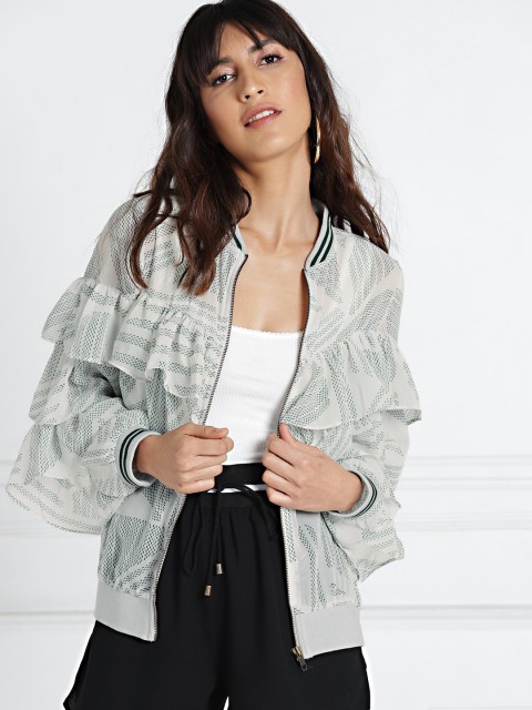 

all about you Women White Green Printed Ruffled Bomber