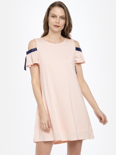 

ELLE Women Pink Solid Off-shoulder A-Line Dress