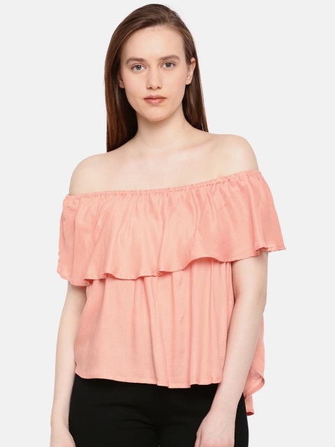 

ELLE Women Peach-Coloured Solid Off-shoulder Bardot Top