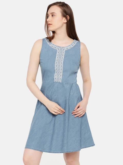 

ELLE Women Blue Solid A-Line Denim Dress