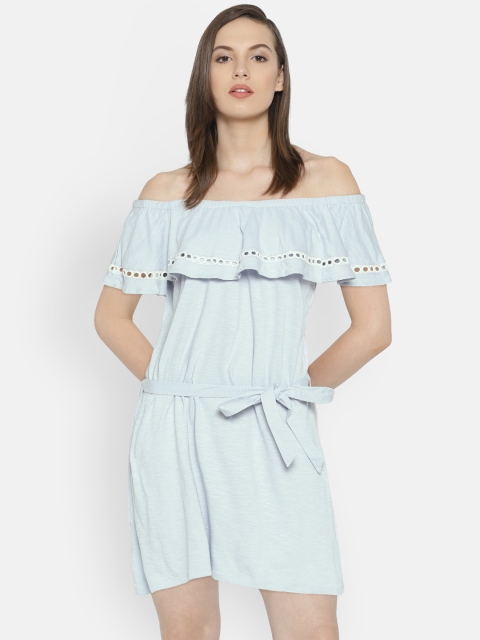 

ELLE Women Blue Solid Off-shoulder A-Line Dress