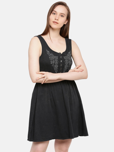 

ELLE Women Black Embroidered Fit and Flare Dress