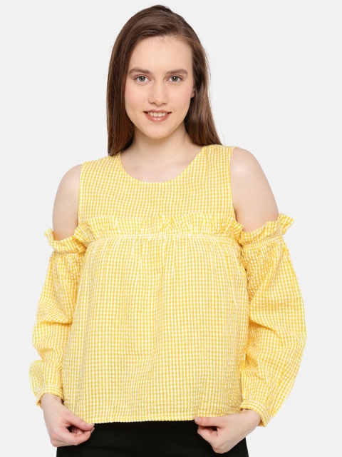 

ELLE Women Yellow & White Checked Top