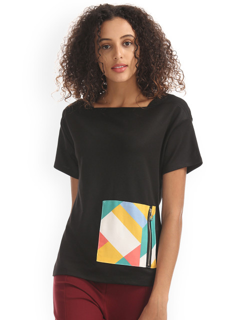 

ELLE Women Black Solid Round Neck T-shirt