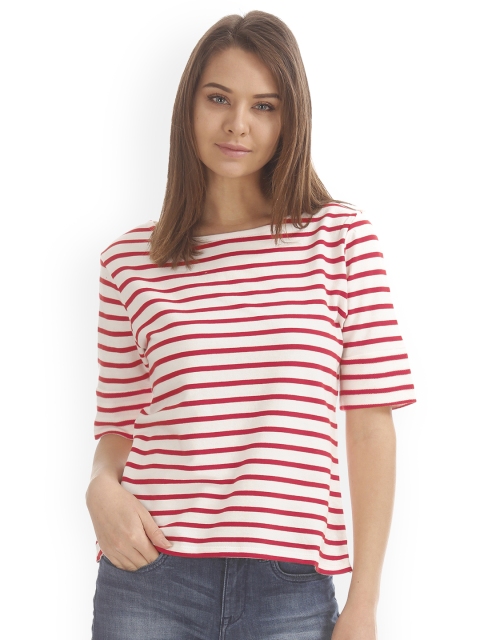 

ELLE Women Red & White Striped Round Neck T-shirt