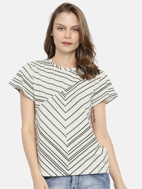 

ELLE Women Off-white Striped Round Neck T-shirt