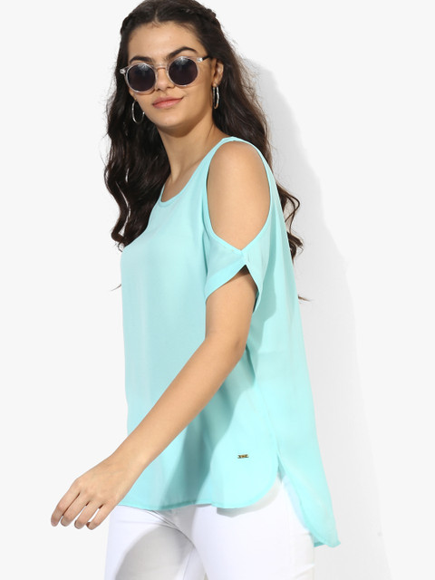 

Elle Women Blue Solid Cold-Shoulder Semi-Sheer Top