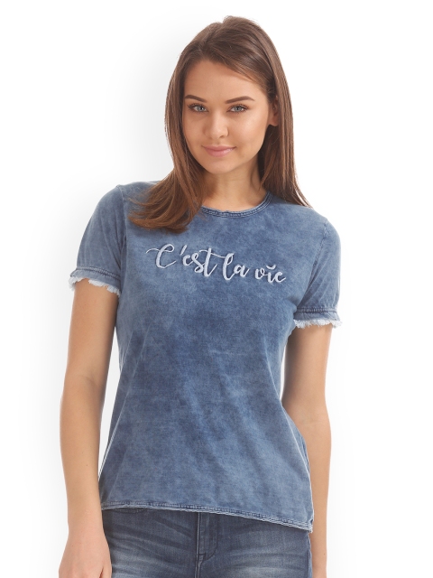 

ELLE Women Blue Solid Round Neck T-shirt
