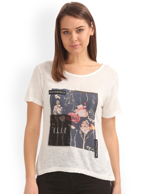 

ELLE Women Off-White Printed Round Neck T-shirt