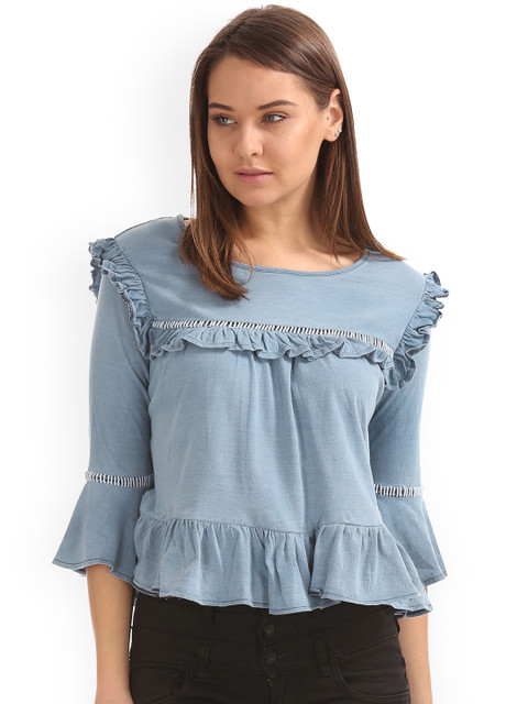 

ELLE Women Blue Solid A-Line Top