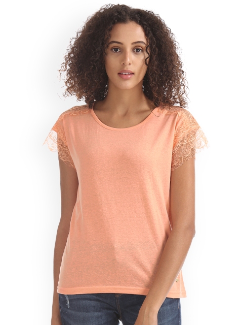 

ELLE Women Peach-Coloured Solid Round Neck T-shirt